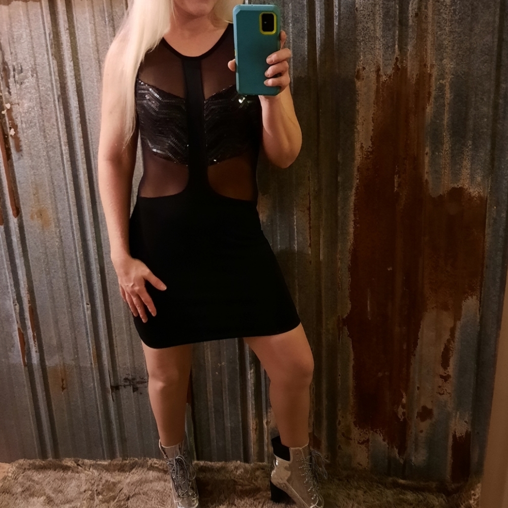 Black Sequin Mesh Cut Out Mini Bodycon Foreign Exchange Dress